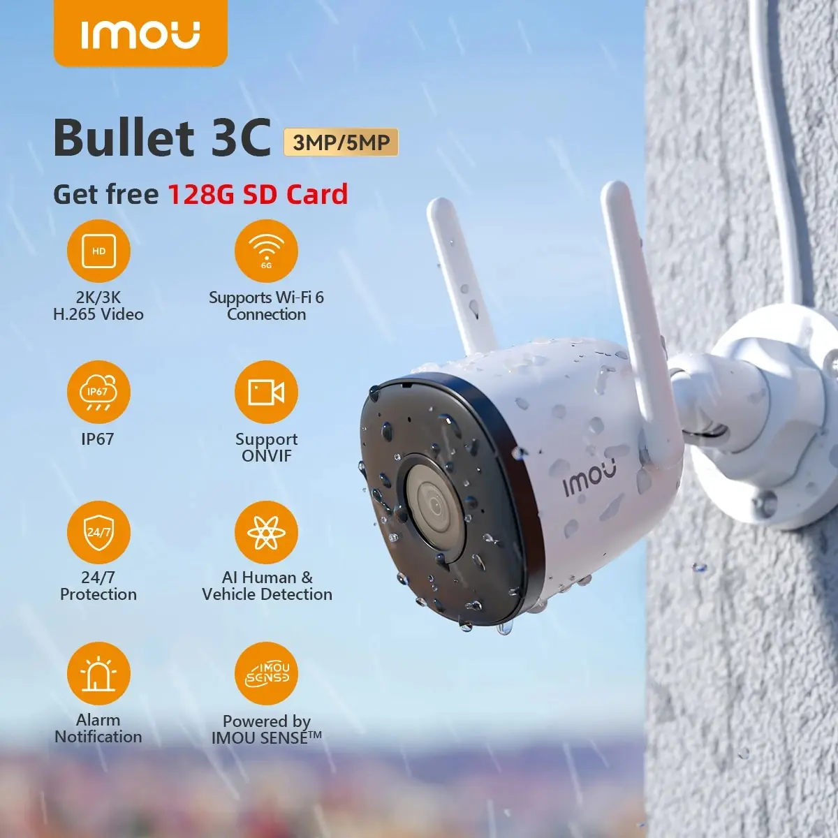 IMOU Bullet 3C 3MP5MP Wifi IP Camera Automatic Tracking Weatherproof AI Human Detection Outdoor Surveillance Security Protection