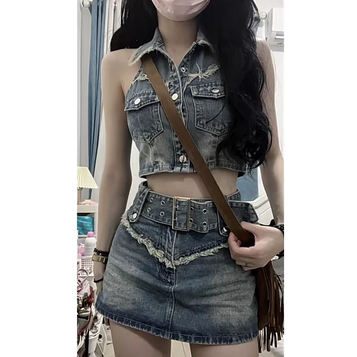 2024 Summer Sleevelss Denim Skirt Suit Woman Vintage Short Cardigan + Elegant Slim Y2k Mini Skirt Korean Fashion Set Female