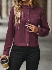 سترة نسائية كبيرة الحجم بلون سادة وأنيقة بأكمام طويلة وأزرار - نسيج من جلد الغزال الصناعي الناعم المطاطي، ياقة واقفة مع جيوب على الصدر #4