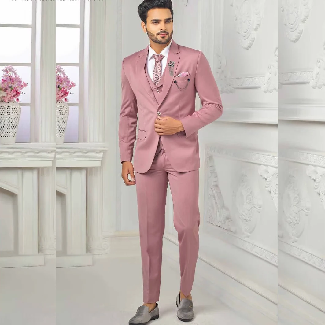 Dusty Pink Blazer Men Suits Flat Regular Length Single Breasted Notched Lapel Elegant Full Set Skinny 3 Piece Jacket Pants Vest