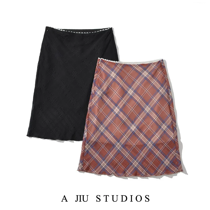 

Summer Plaid Low Waist ter Ne Midi Skirt Women's American Retro Sle Slimming Bla Design Sense Midi Skirt