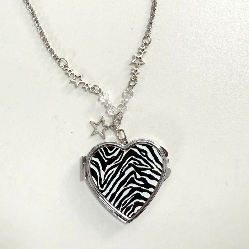Y2K Schmuck Rosa Leopardenmuster Herz-Spiegel-Anhänger Halskette für Frauen Mode Punk Zebra-Muster Halskette Accessoires Goth Charm – Detail 4
