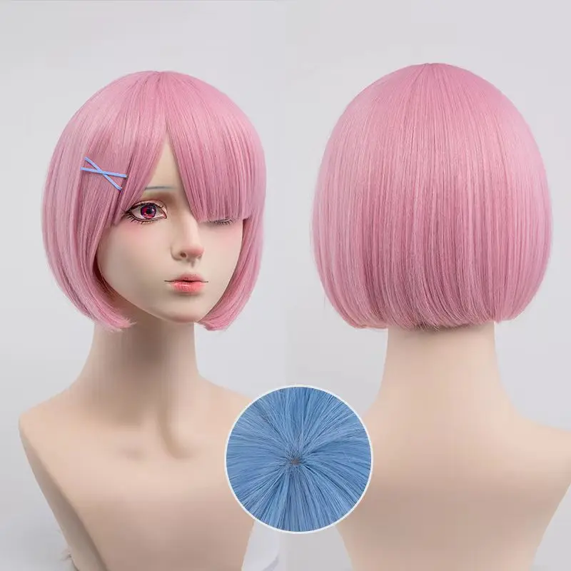 New Anime Re:Life In A Different World From Zero Rem Ram Cosplay Wig Pink Blue Bobo Hair Heat Resistant Synthetic Wigs Halloween