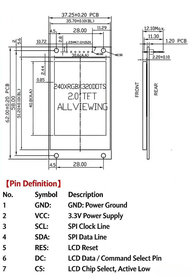 2,0-Zoll-TFT-Modul Serieller Bildschirm 240X320 LCD-Display ST7789V 2.0 – Detail 2