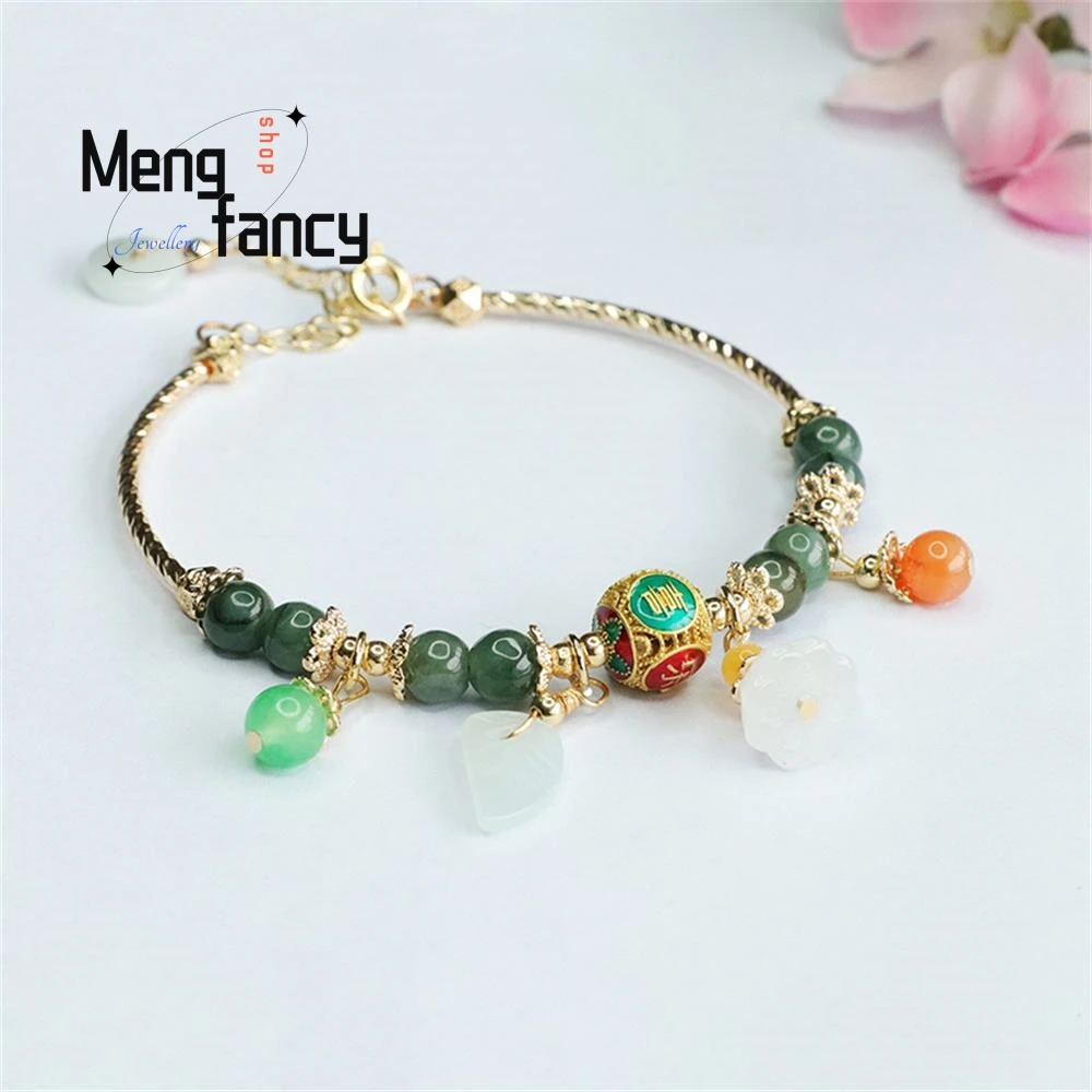 Natural Jadeite Oil Green Jade Leaf Enamel Peace and Joy String Bracelet Exquisite Elegant High-grade Couple Luxury Fine Jewelry