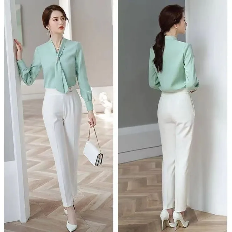 Elegant Women's Satin Shirt Summer V-neck Blouses Pullover Ladies Top Long Sleeves Chiffon thin Bow White Shirt Woman Clothing