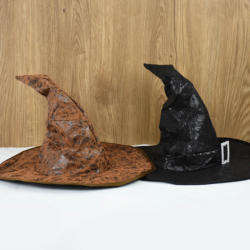 1pc Black Halloween Witch Hat Leather Wizard Devil Cap For Women Men Halloween Masquerade Party Headgear Cosplay Costume Props