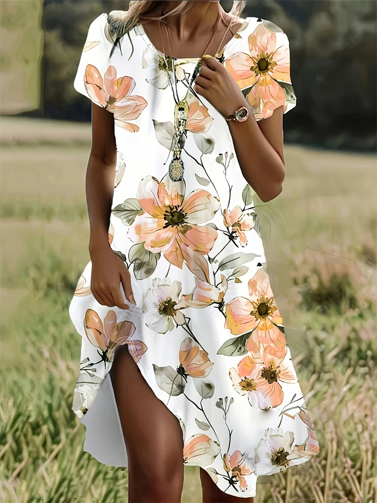 Elegant Floral Print Summer Dresses Women's Round-Neck Casual and Fashionable Short-Sleeve Dresses Outdoor Travel Dresses
