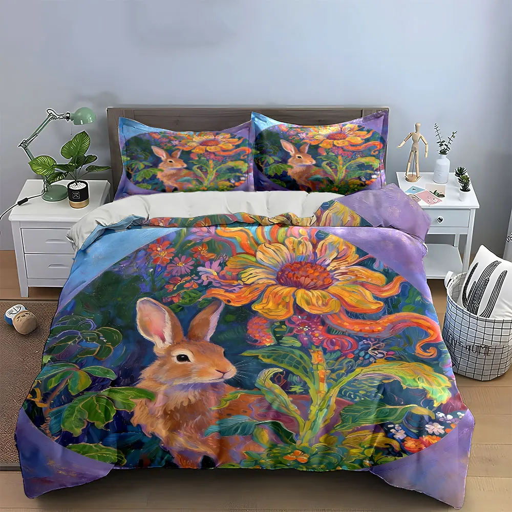

Floral Rabbit Artwork Home Decor Soft Comfortable Duvet Cover Bedding Set Included 1*Duvet Cover & 2*Pillowcases, gift