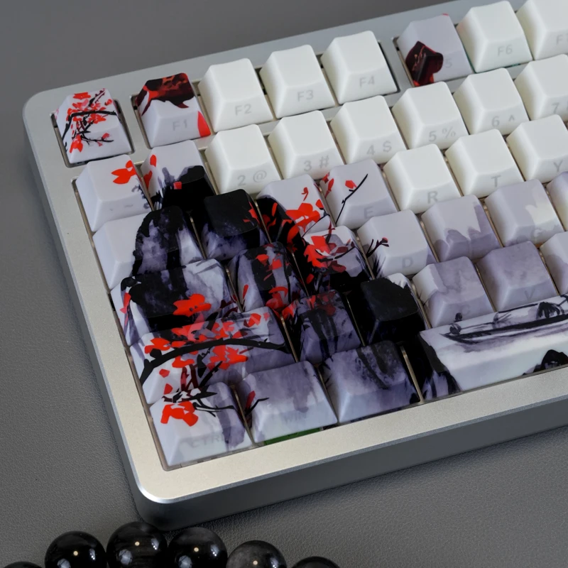 Inkt Pruimenbloesem Zijverlichte Shine Through Keycaps 130-toetsen Cherry Profile Dye Sub PBT Keycaps voor MX Switches Mechanisch toetsenbord