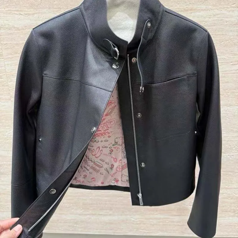genuine leather jacket short length 2026 new fashion Soft and gentle Lychee-patterned sheepskin grey  black