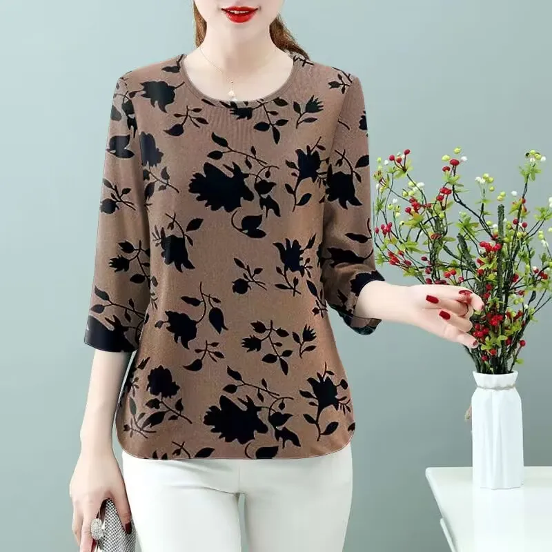 Summer Slimming Print 3/4 Sleeve T-Shirt Women's Spring Autumn Loose Belly Covering Top Fashionable Base Shirt for Mom
