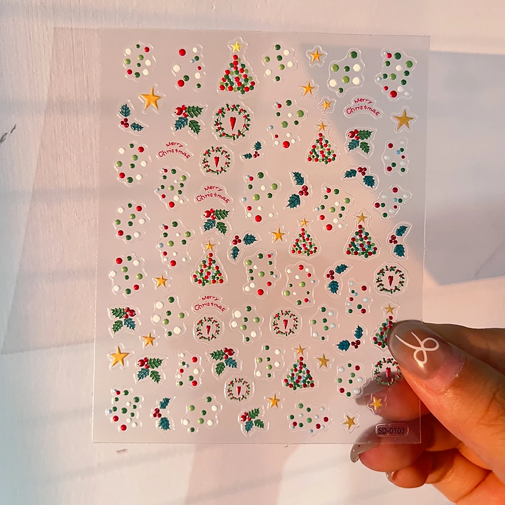 Novo 5d alívio natal etiqueta do prego 2025 dos desenhos animados azevinho bola colorida árvore de natal suprimentos de unhas decalques dly natal accessor do prego