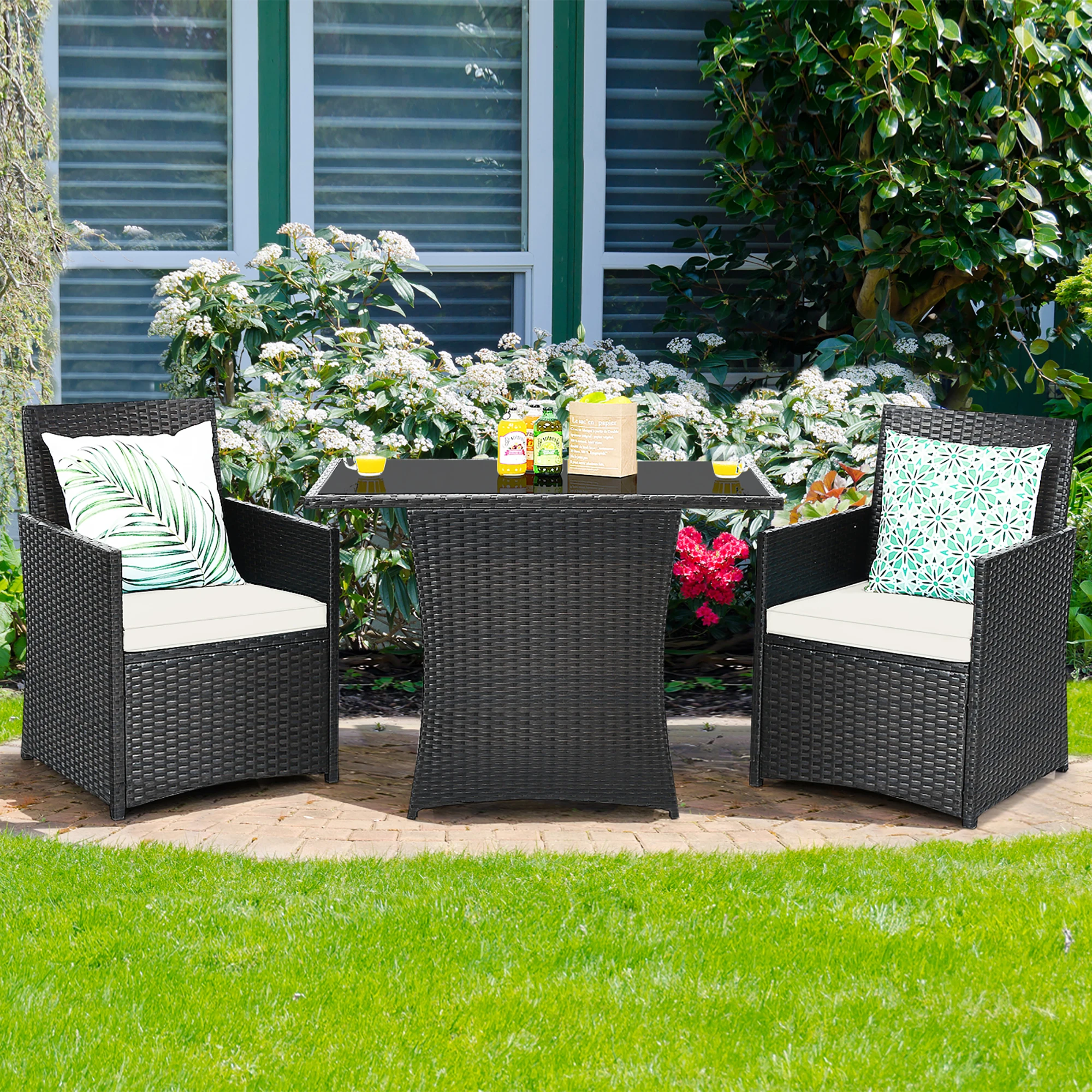 

3PCS Patio Rattan Furniture Set Cushion Sofa Armrest Garden Deck White