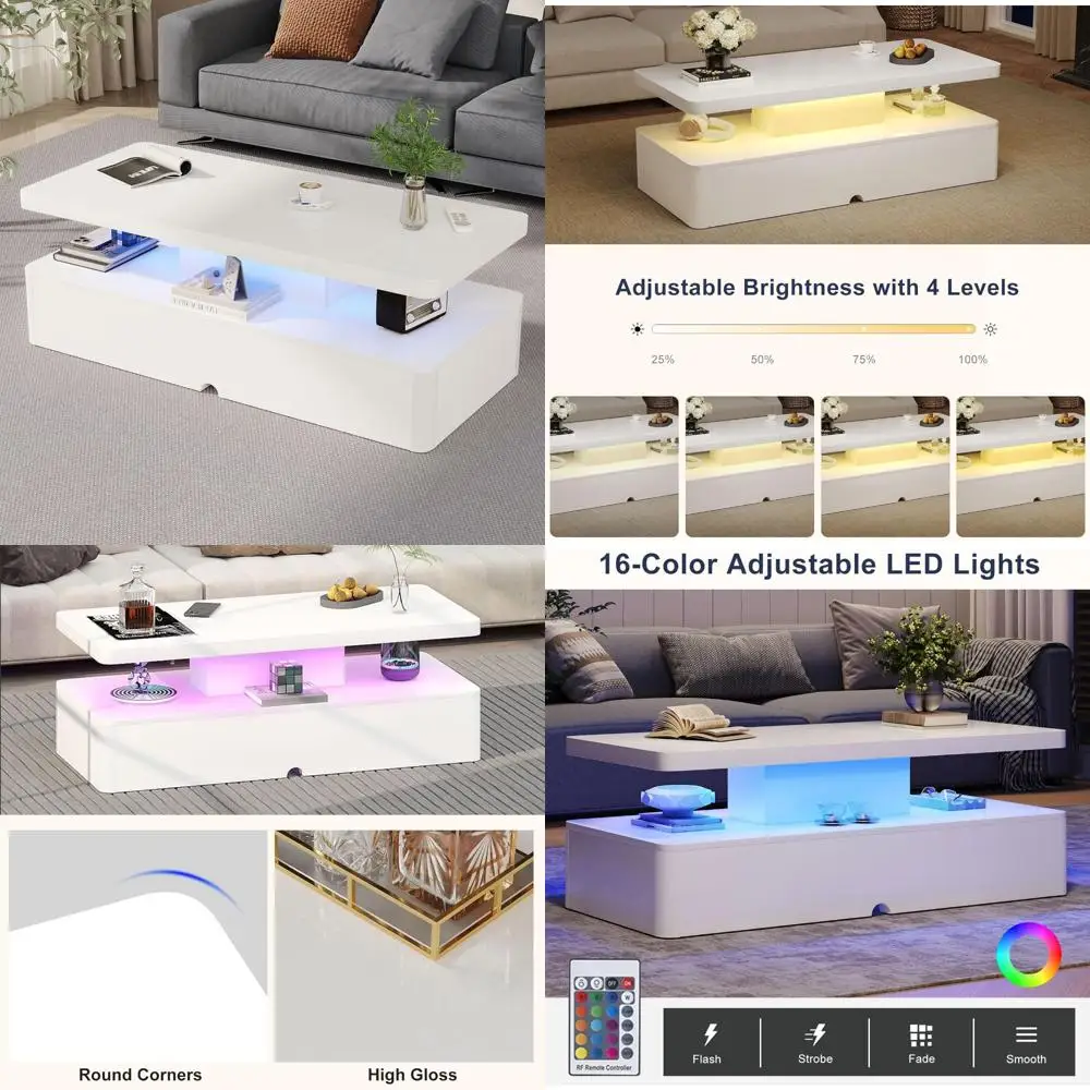 

Rectangular LED-lit Coffee Table with Storage, 40 Large, 2 Tier, 16 Color Options, Modern Design