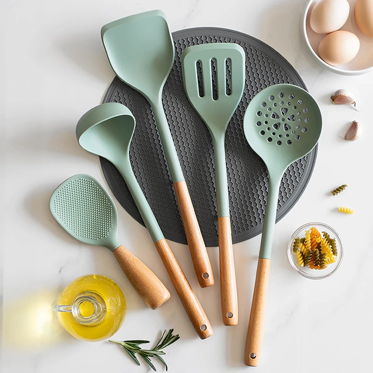 5pcs Silicone Kitchen Utensils Set Wooden Handle Non-stick Spatula Cookware Set Fried Shovel Leaky Spoon Rice Spoon Kitchen Tool