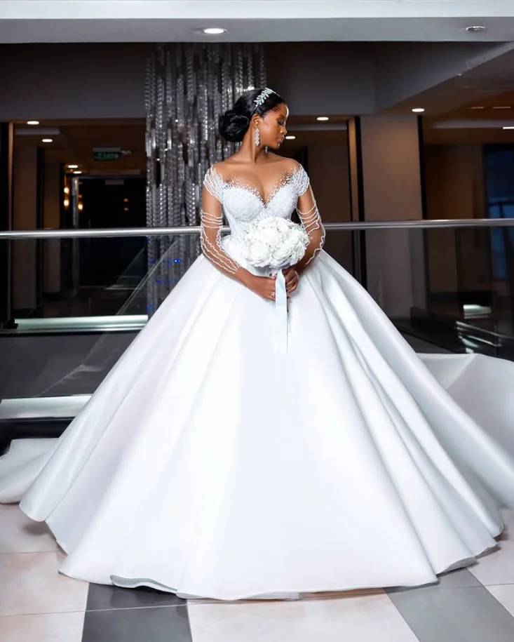 Princess Luxury African Wedding Dresses Illusion Long Sleeve Crystal Sweep Train Church Garden Bride Gown Garment Customized
