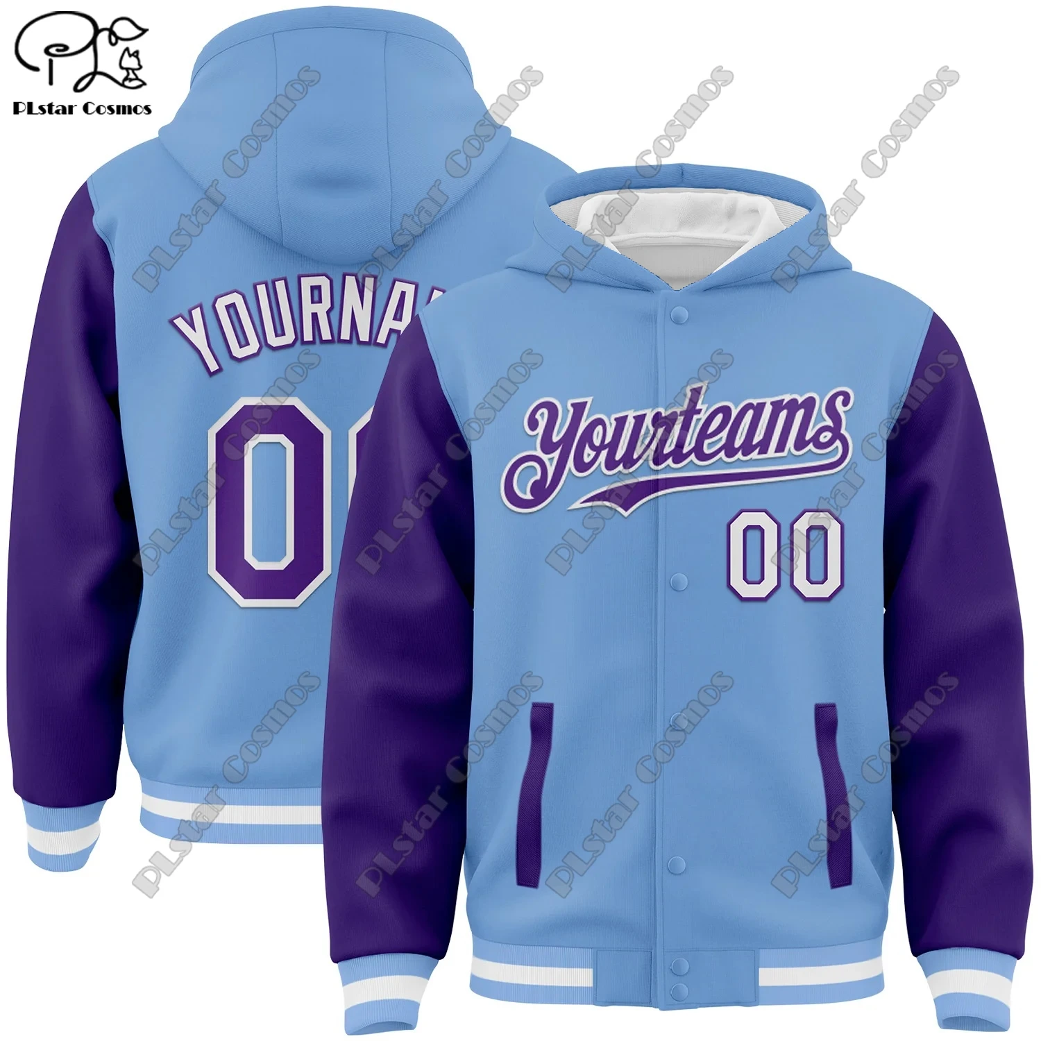 Brand new 3D printed custom team name name number blue genuine full snap jacket hoodie unisex winter new arrival -1