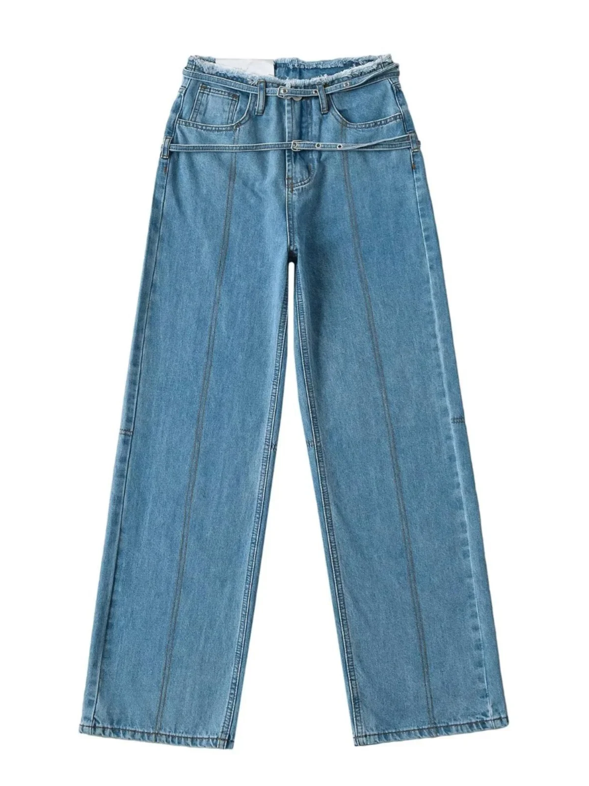 

American Retro High Waist Casual Women's Jeans Design Sense Double Belted Straight Leg Denim Pants Blue Long Pants