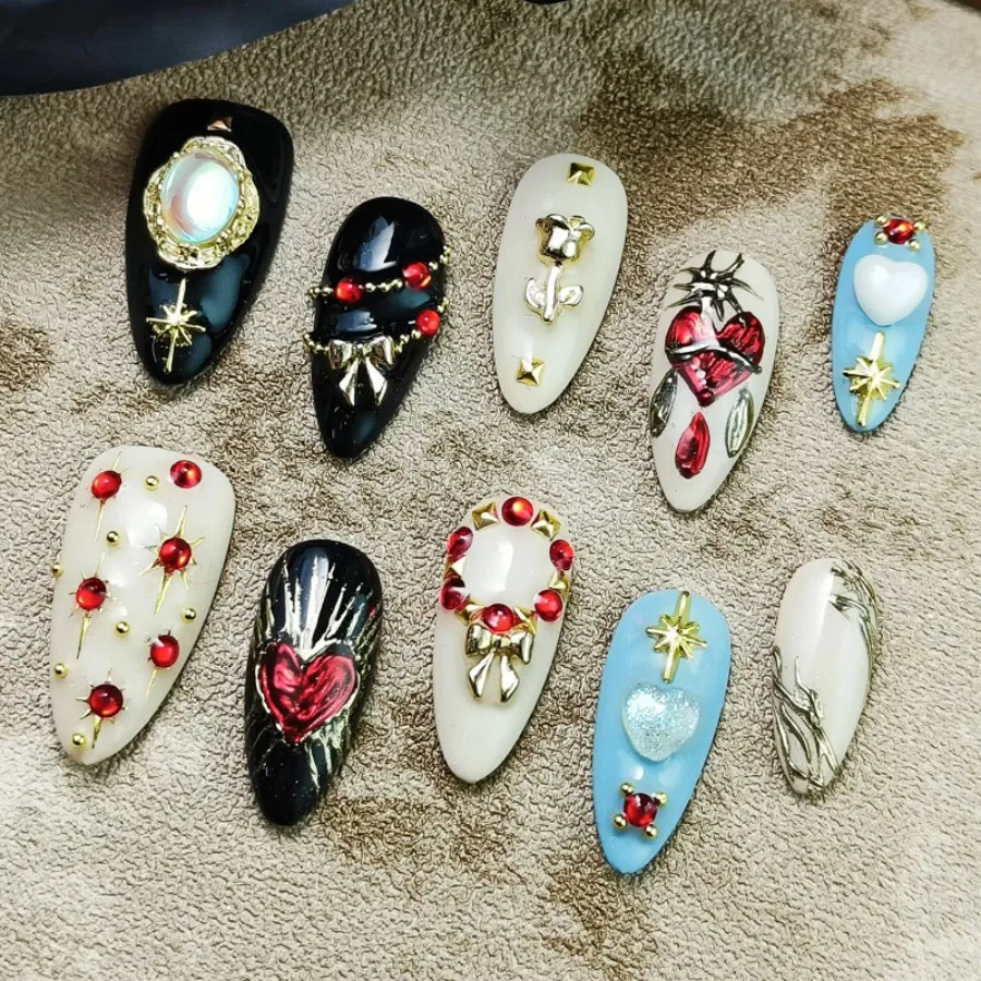 

10PCS Handmade Press On Nails, New 3D Removable Use Press-On Nails, Almond Shaped Short Style, Sticker Style, Reusable Nails.