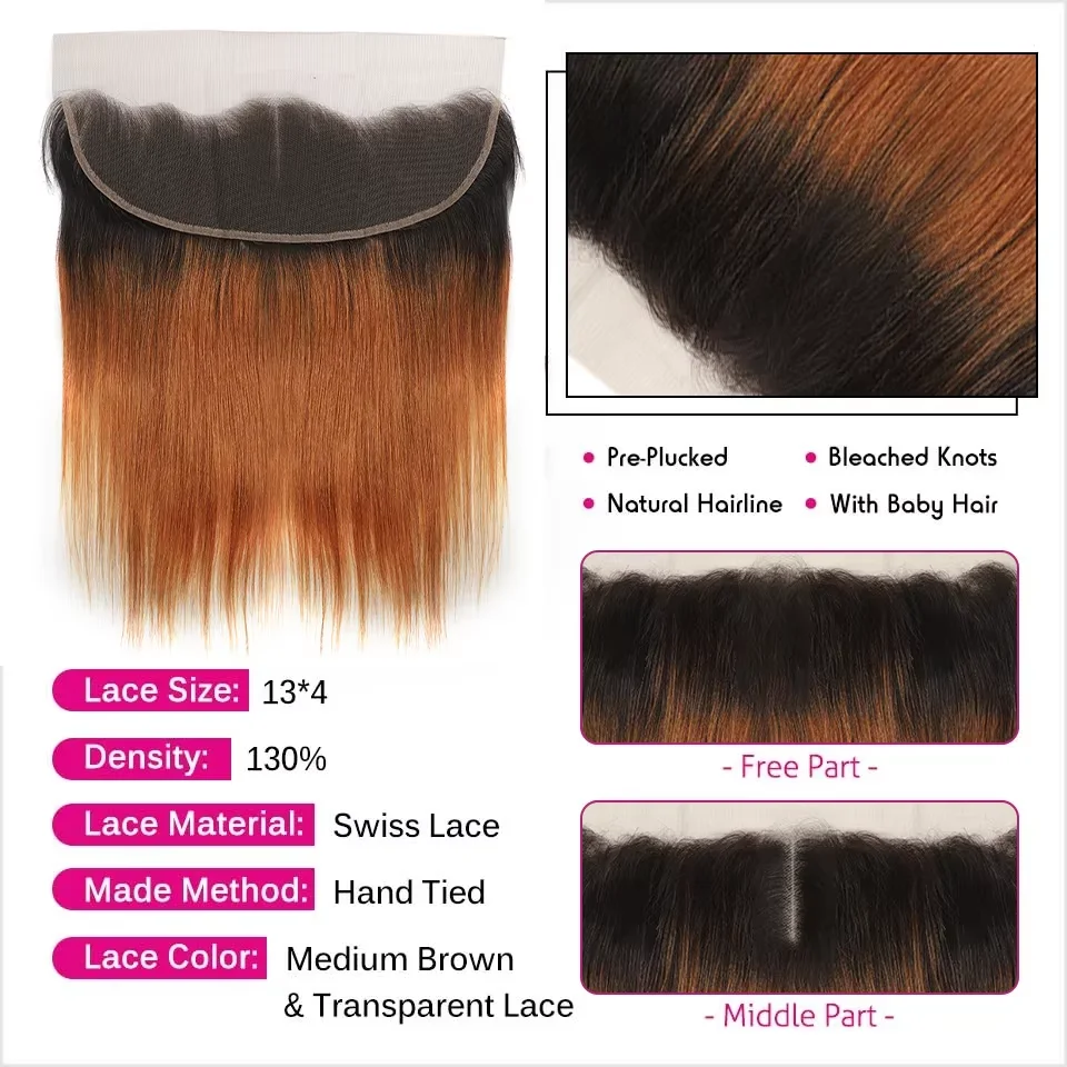 Tissage en Lot Brésilien Naturel Remy avec Lace Closure, Cheveux Lisses, Brun Ombré T1B/30, 3 Lots