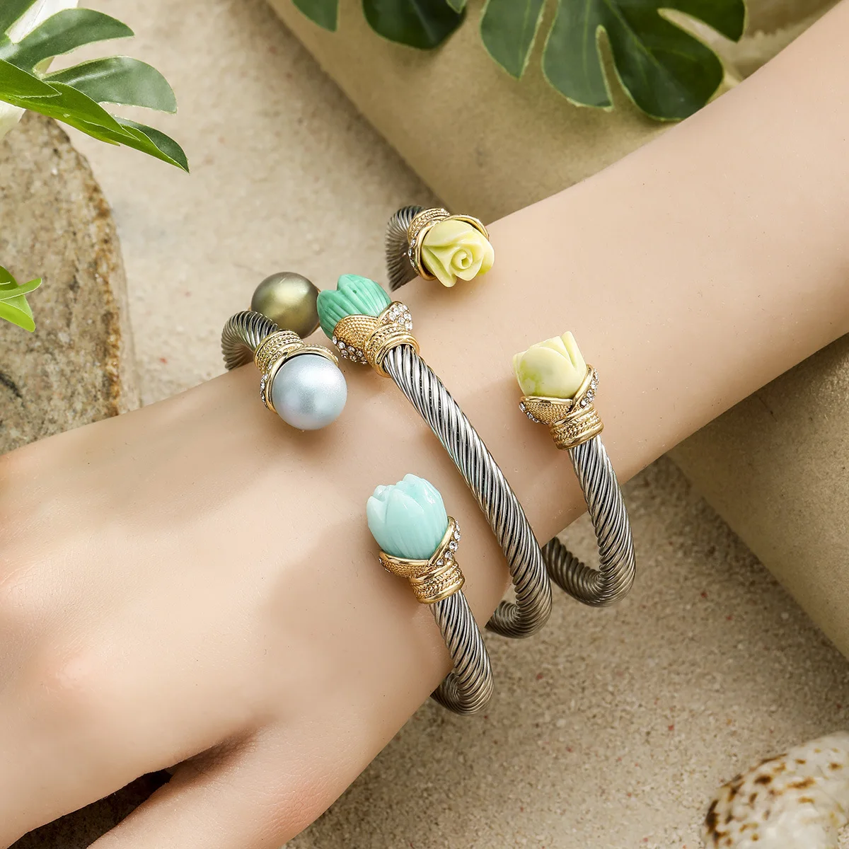 New Hawaiian Style Flower Beaded Double Head Open Bracelet Female Personality Simple Fashion Design Hand Jewelry