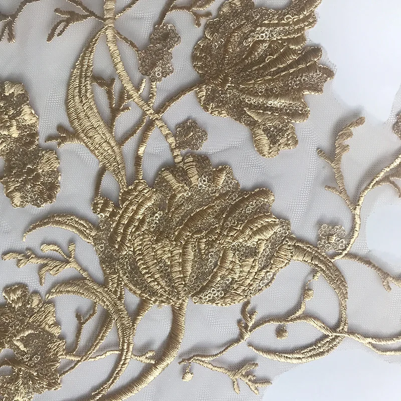 1Pc Golden Flower Embroidery Patch Mesh Fabric African Lace Applique Sew Wedding Dress Clothes Decoration Diy