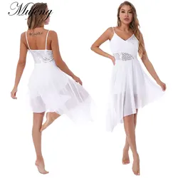 Women Lyrical Dance Dress Ballet Leotard Sleeveless Sparkly Sequin Asymmetrical Hem Latin Dance Dress Stage Performance Costume