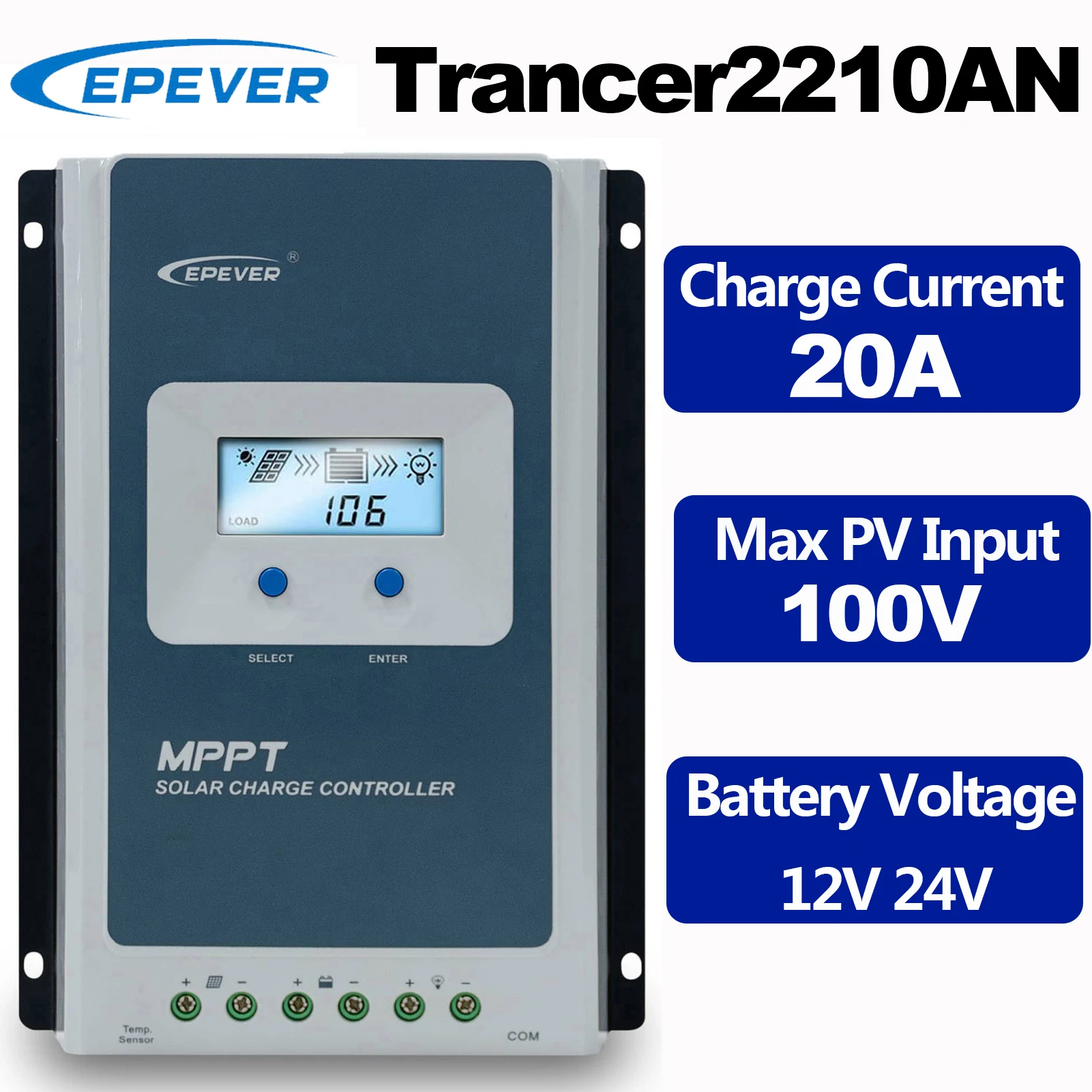 EPEVER Tracer2210AN 20A Tracer3210AN 30A MPPT Solar Charge Controller Battery Voltage 12V 24V Auto Identufy Max PV Input 100V