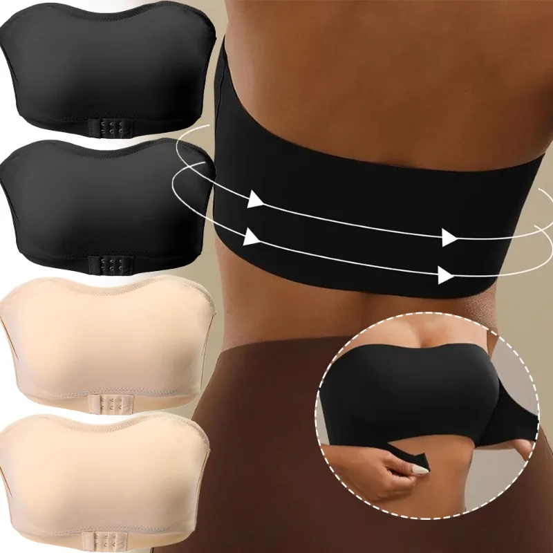 

Women's Black/Skin Strapless No Padding Seamless Front Button Bra Comfortable Smooth Underwear Front Button Strapless Bra