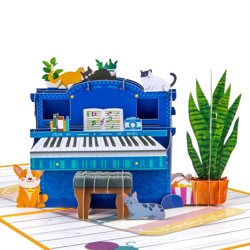 

2Pcs Creative 3D Pop-up Greeting Card Guitar, Blue Piano Handmade Paper Sculpture Card Birthday Holiday Universal Gift