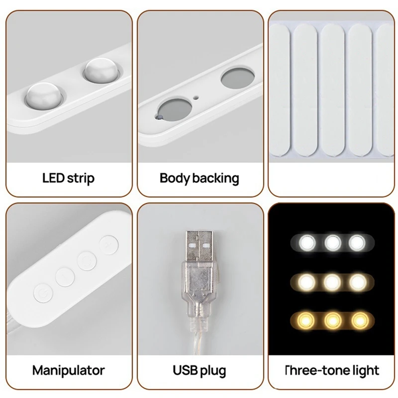 Vanity Lights LED para maquiagem, luzes de espelho, USB, 5V, 3 cores, espelho não incluído, 20X3