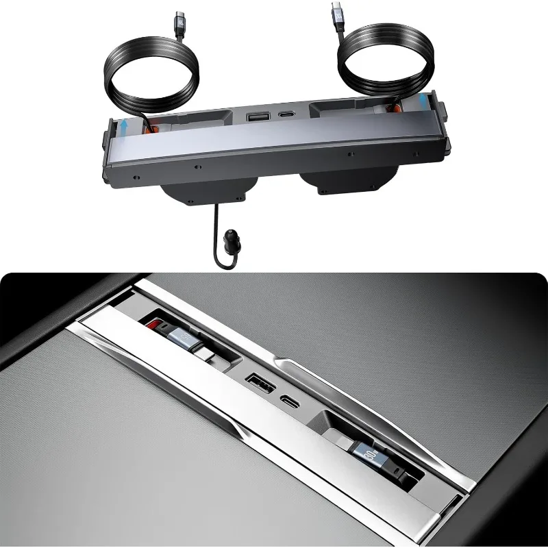 

Retractable Center Console USB Hub For Tesla Model Y Juniper 2026 Model 3 Highland Phone Charger Fast Charging Docking Station