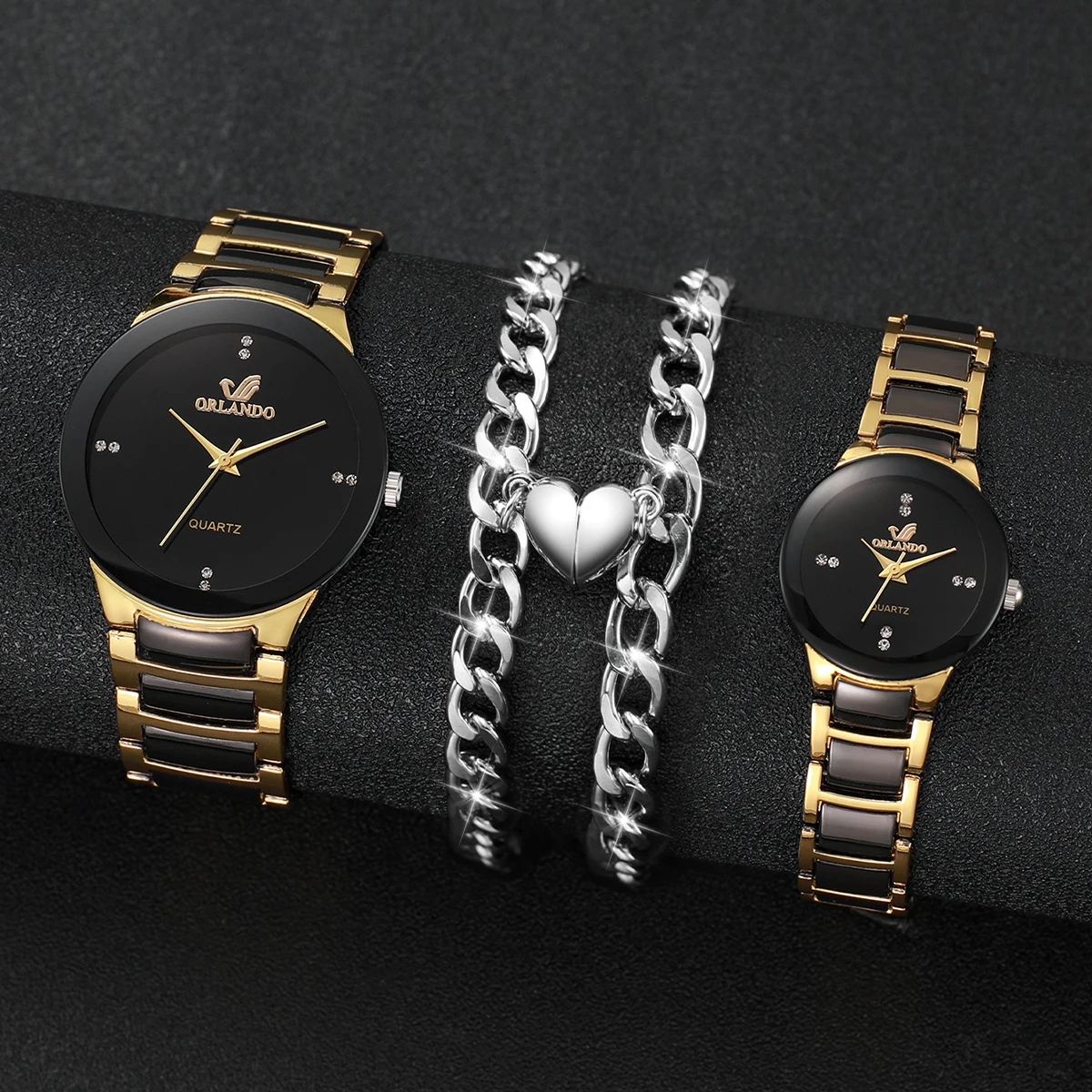 4PCS/Set Fashion Couple Watches Rhinestone Dial Quartz Watch Men Women Stainless Steel Band Wristwatches Bracelets Set