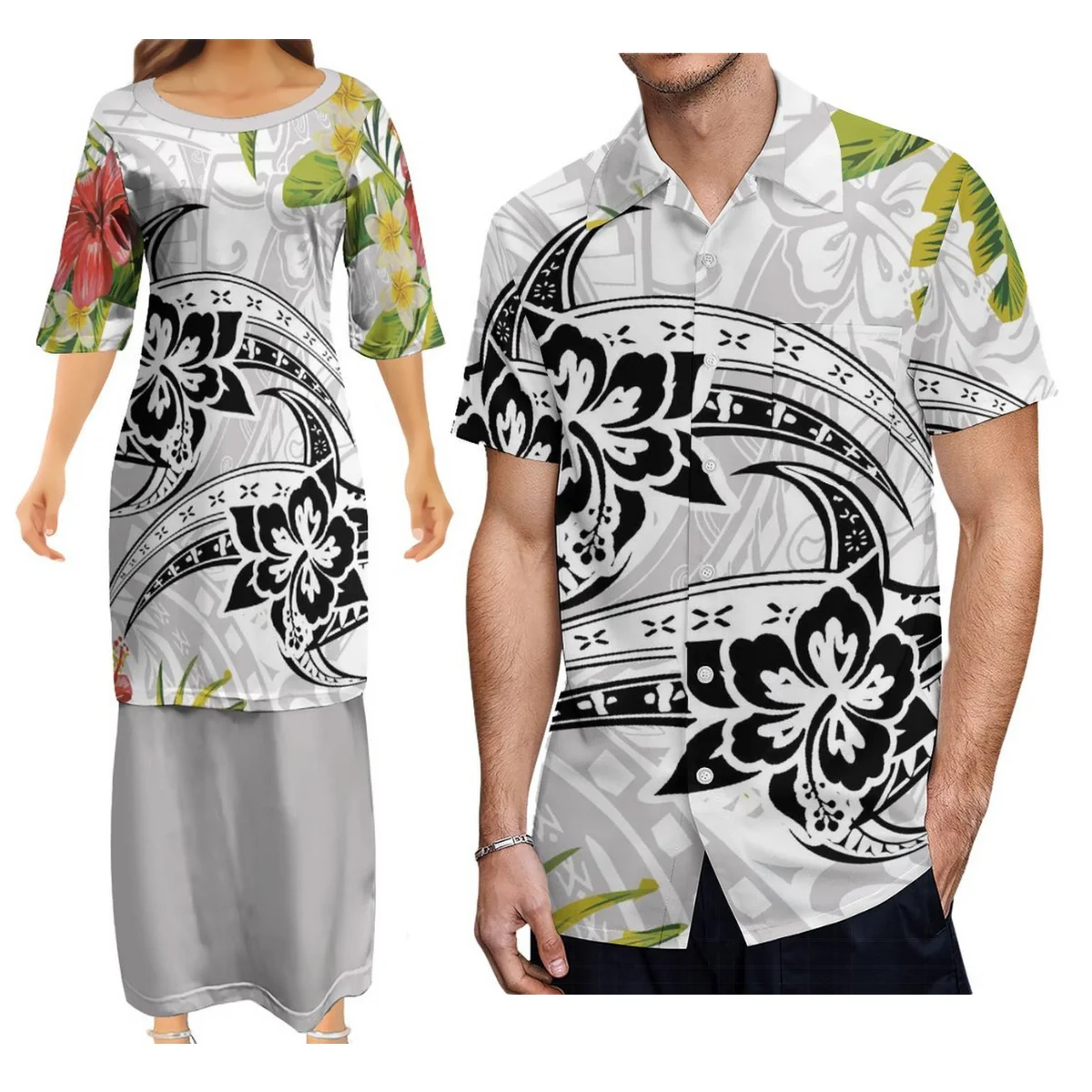 

Polynesian Tribes Design Couple Suits Women'S Half-Sleeved Dress Party Puletasi Two-Piece Suit And Men'S Aloha Shirt