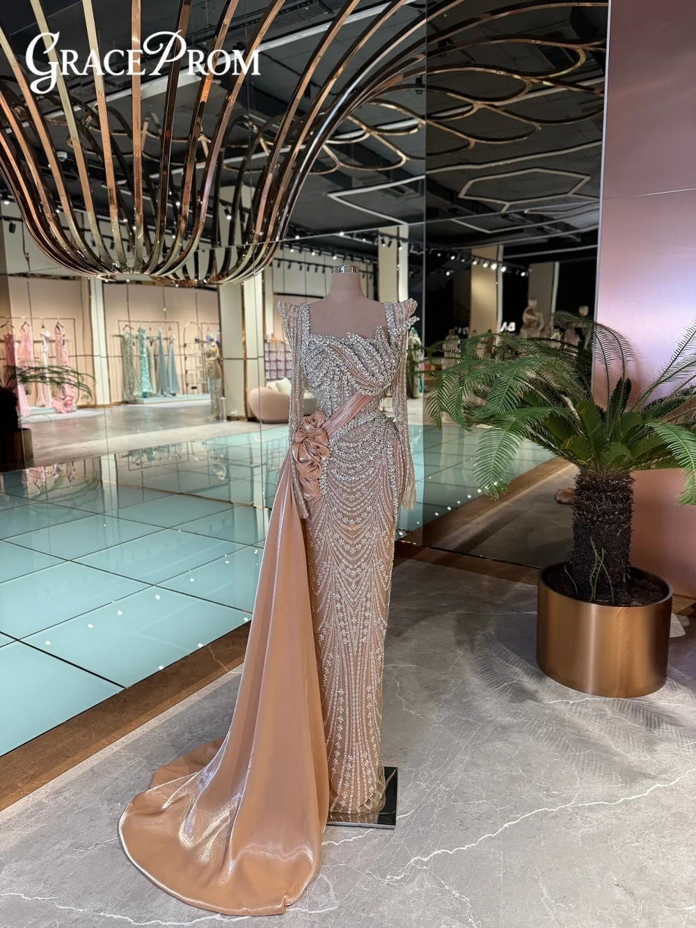فستان سهرة عصري بأكمام طويلة رشيق على شكل قلب كريستال ثوب مسائي فاخر ثلاثي الأبعاد-زهرة بطول الأرض فستان الحفلات