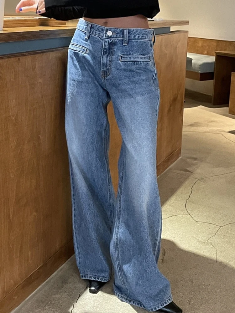 Retro High Waist Slim Fit Blue Jeans Women's Autumn Winter Versatile Waed Wide Leg Long Pants Straight Cut Slimming Effect