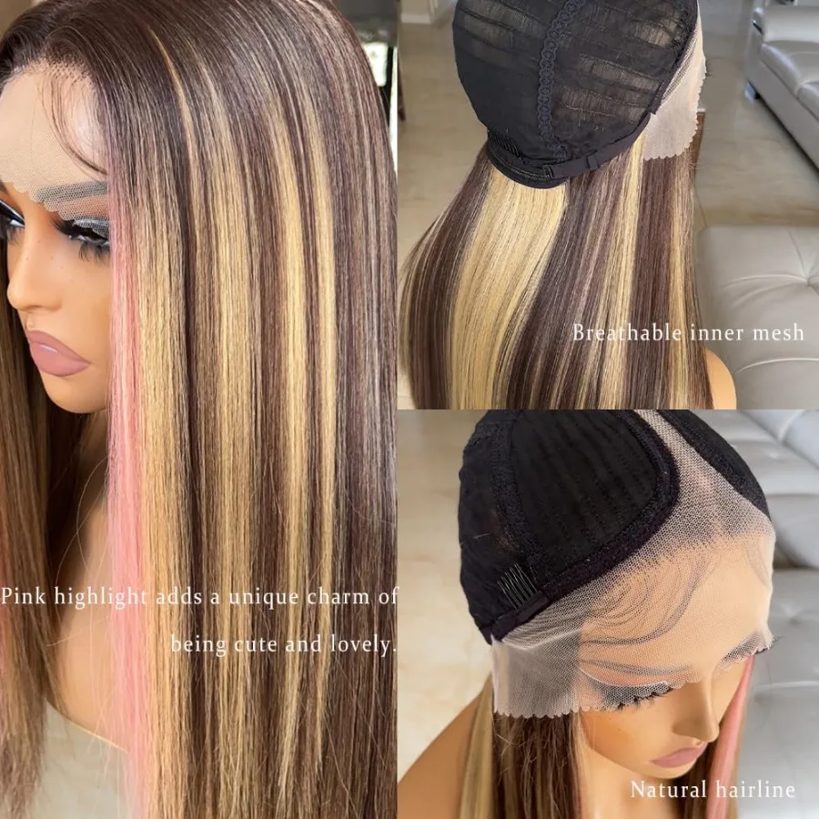 26 بوصة الوردي تسليط الضوء على الدانتيل الجبهة غلويليس بيروكات صناعية للنساء مع شعر الطفل قبل قطعها نمط طويل مستقيم مثالي ل D