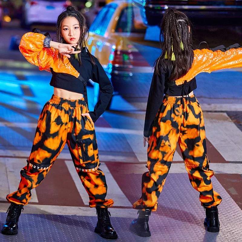 

Orange Sequins Jazz Dance Costume For Girls Hip Hop Dancing Performance Clothes Kids Kpop Stage Outfit Crop Tops Pants