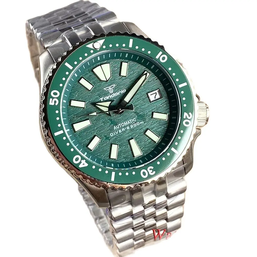 

Tandorio Green Dial NH35A Automatic mechanical Dive Watch For Men Date Window Sapphire Crystal Steel Bracelet Rubber