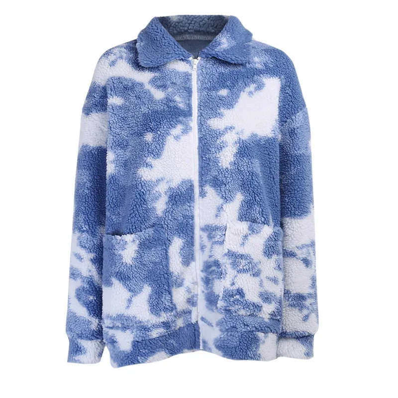 Vrouwen Winter Streetwear Harige Fleece Warme Vest Vrouwen Overjas Blauwe Hemel En Witte Wolken Print Lamswol Jassen Teddy Jacks