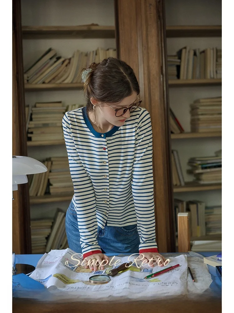 

SimpleRetro Paris Reading Room Chic Striped Knitted Open Cardigan Women's Slim Fit Versatile Color Blo Knitwear