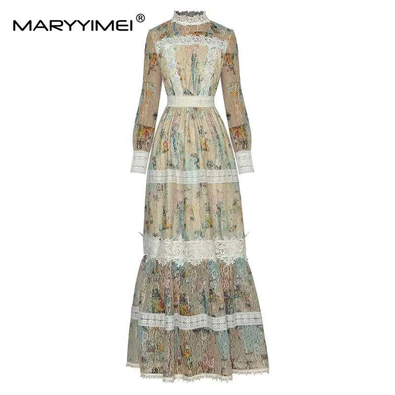 

MARYYIMEI Autumn Fashion Women dress Standing collar Long sleeved Lace Patchwork Vintage Print package hip Mermaid Dresses