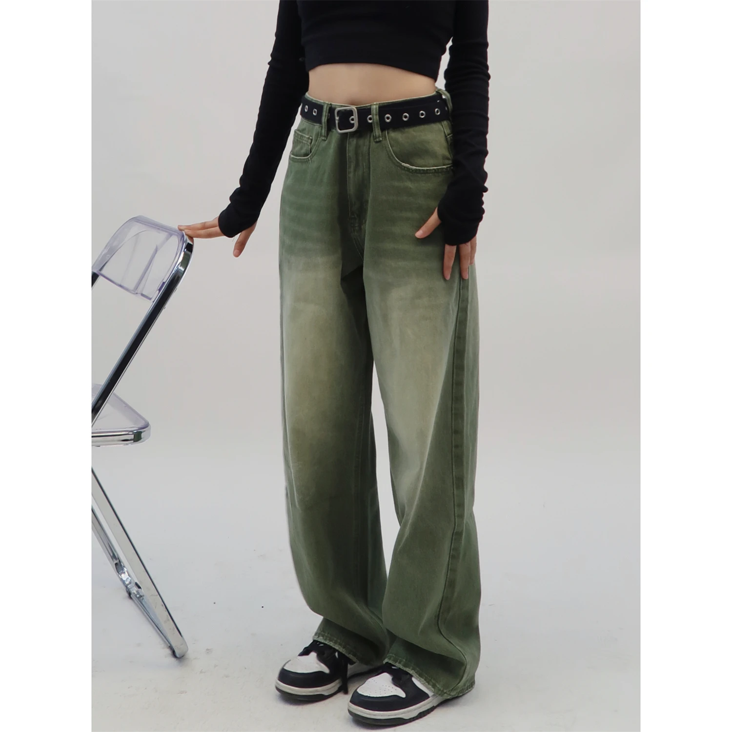 Tawaaiw American Retro Baggy Jeans Women Bottom Green Loose Straight Boyfriend Jeans For Women Unisex Denim Pants Y2k Feminino