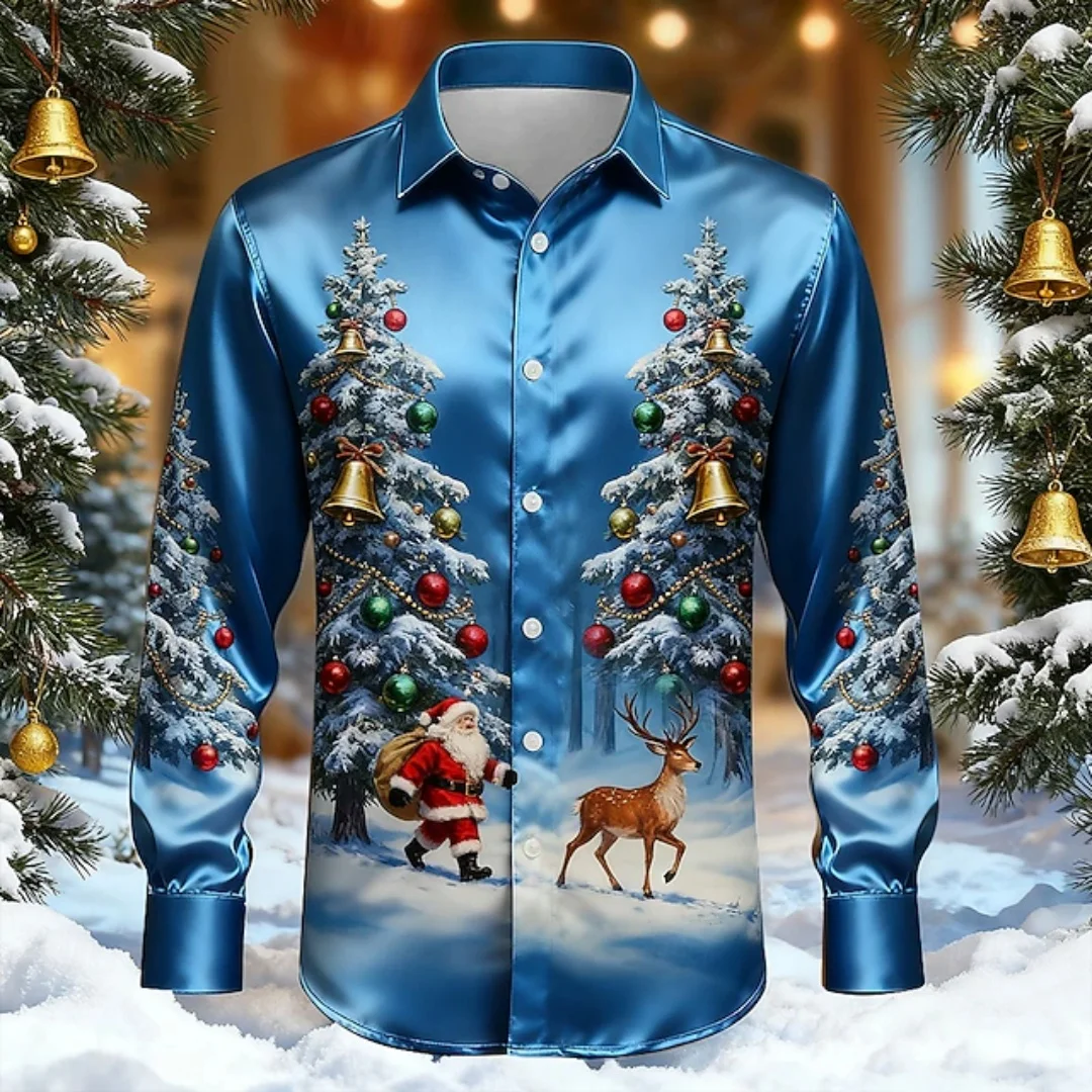 

2026 New Christmas Men's Snowflake Tie Print Shirt Button Long Sleeve Festival Autumn and Winter Lapel Shirt Fast Shipping