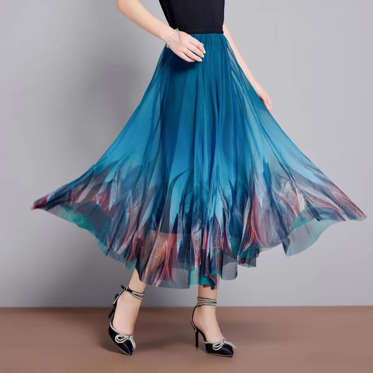 

Весенне-летняя длинная юбка с эластичной талией, женская танцевальная юбка с высокой талией, шифоновая юбка-клеш