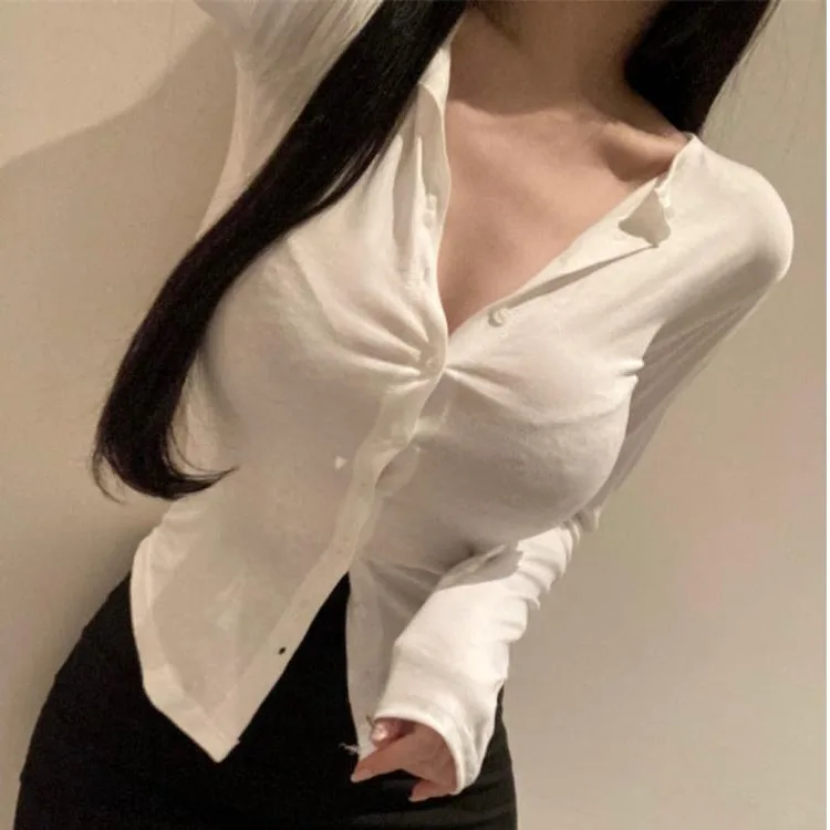 Korean Style Long Sleeve T-Shirt Button up Slim Fit Lightweight Summer Waist Cinching Sun Protection Cardigan Top for Women