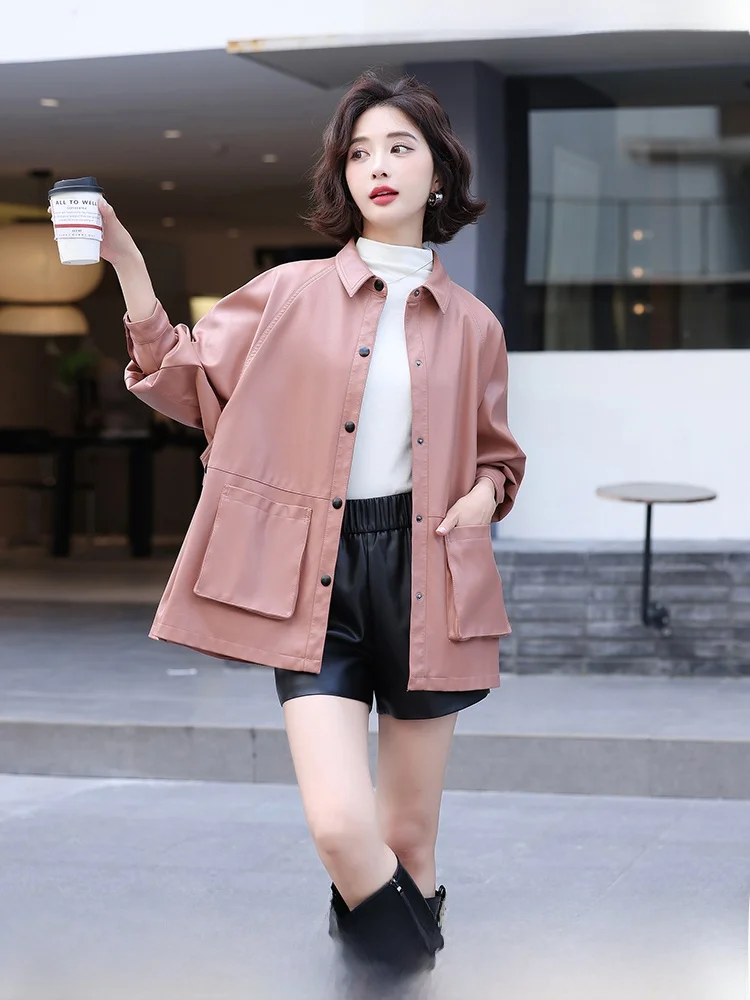 

High-End eepskin Real Leather Jaet Women's Mid-Length Loose Korean Sle Windbreaker Coat Faionable Outerwear