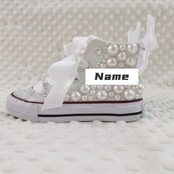 Kids Shoes Name Photo Custom Design For Girl Birthday Party Canvas Dollbling Handmade Bling Rainbow Pearls Sneakers