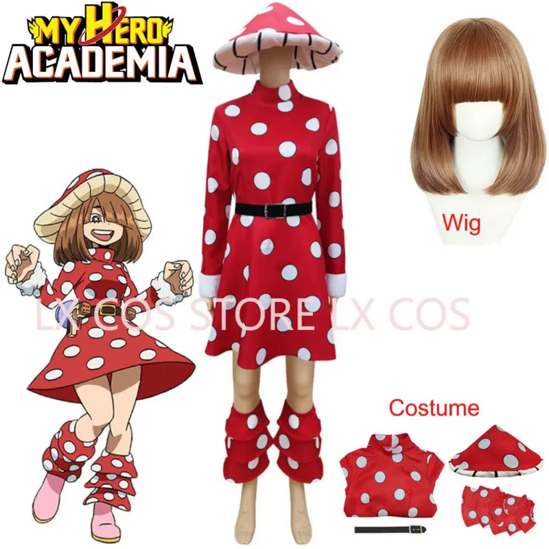 Anime Kinoko Komori My Hero Academia Cosplay Costume Red Wave Point Dress Mushroom Hat Black Belt Man Woman Adult Halloween Suit